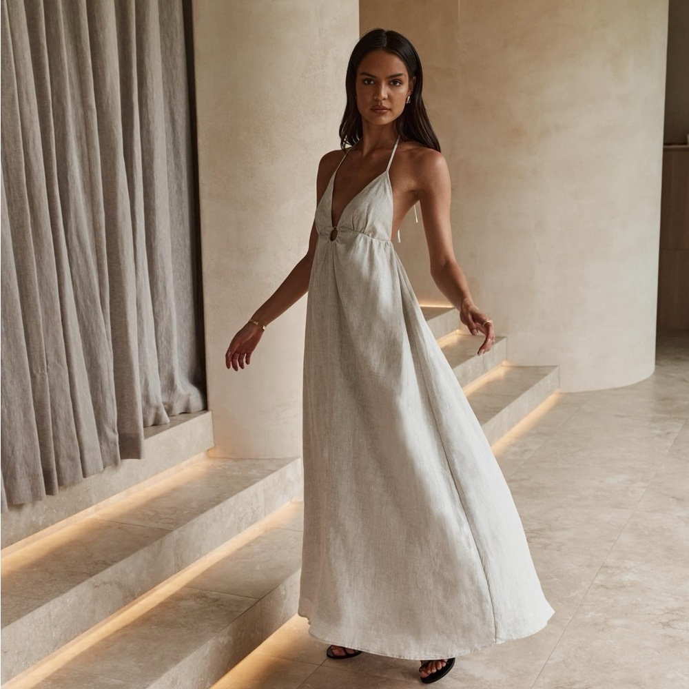 ELLEN NATURAL LINEN HALTER MIDI DRESS